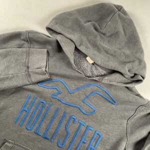 Hollister Hoodie Mens Gray Blue Logo Embroidered Pullover Sweatshirt Large‎